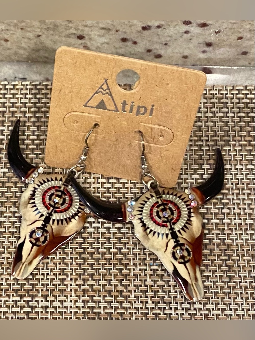 🎉Ivory & Black Bull Skull Dangle Earrings with Red Accents